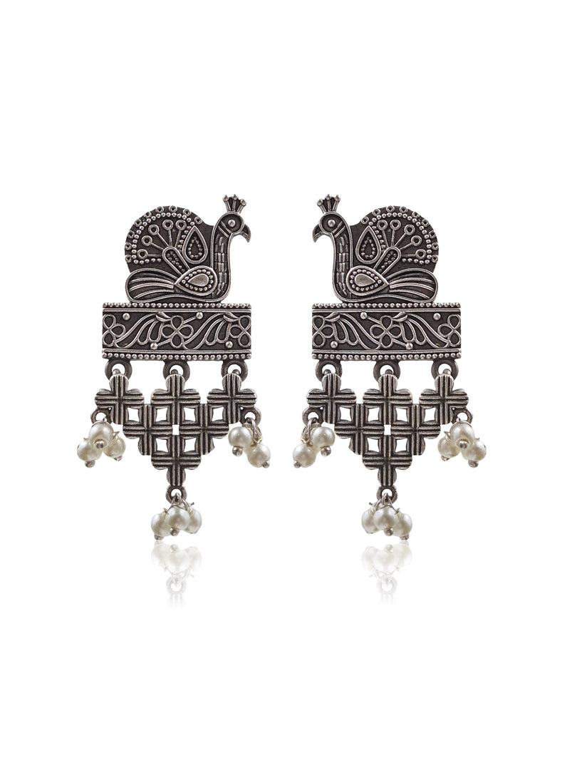 Peacock Pearl Drop Silver Lookalike Dangler Earrings