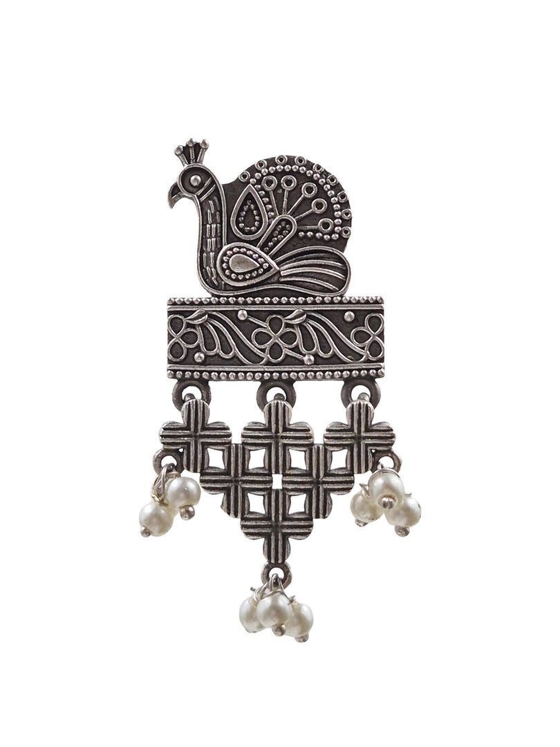 Peacock Pearl Drop Silver Lookalike Dangler Earrings