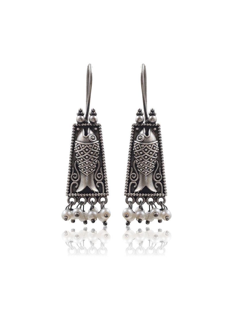 Pearl Aqua Silver Lookalike Dangler Earrings