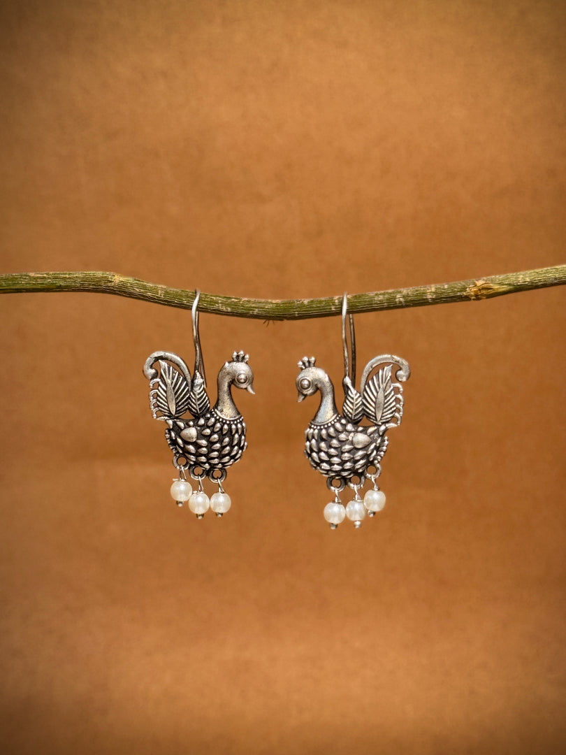 Pearl Plume Peacock Silver Lookalike Dangler Earrings