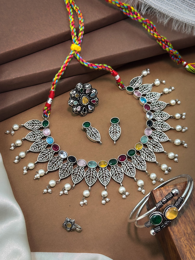 Mahi Celestial Leaf Pearl Jewellery Set