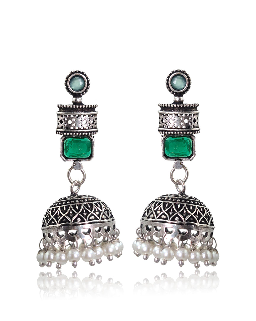 ANIKA OXIDISED STONE JHUMKA EARRINGS