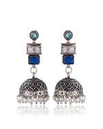Load image into Gallery viewer, ANIKA OXIDISED STONE JHUMKA EARRINGS