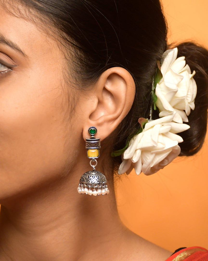 ANIKA OXIDISED STONE JHUMKA EARRINGS