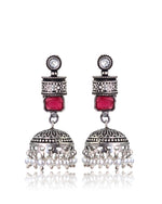 Load image into Gallery viewer, ANIKA OXIDISED STONE JHUMKA EARRINGS