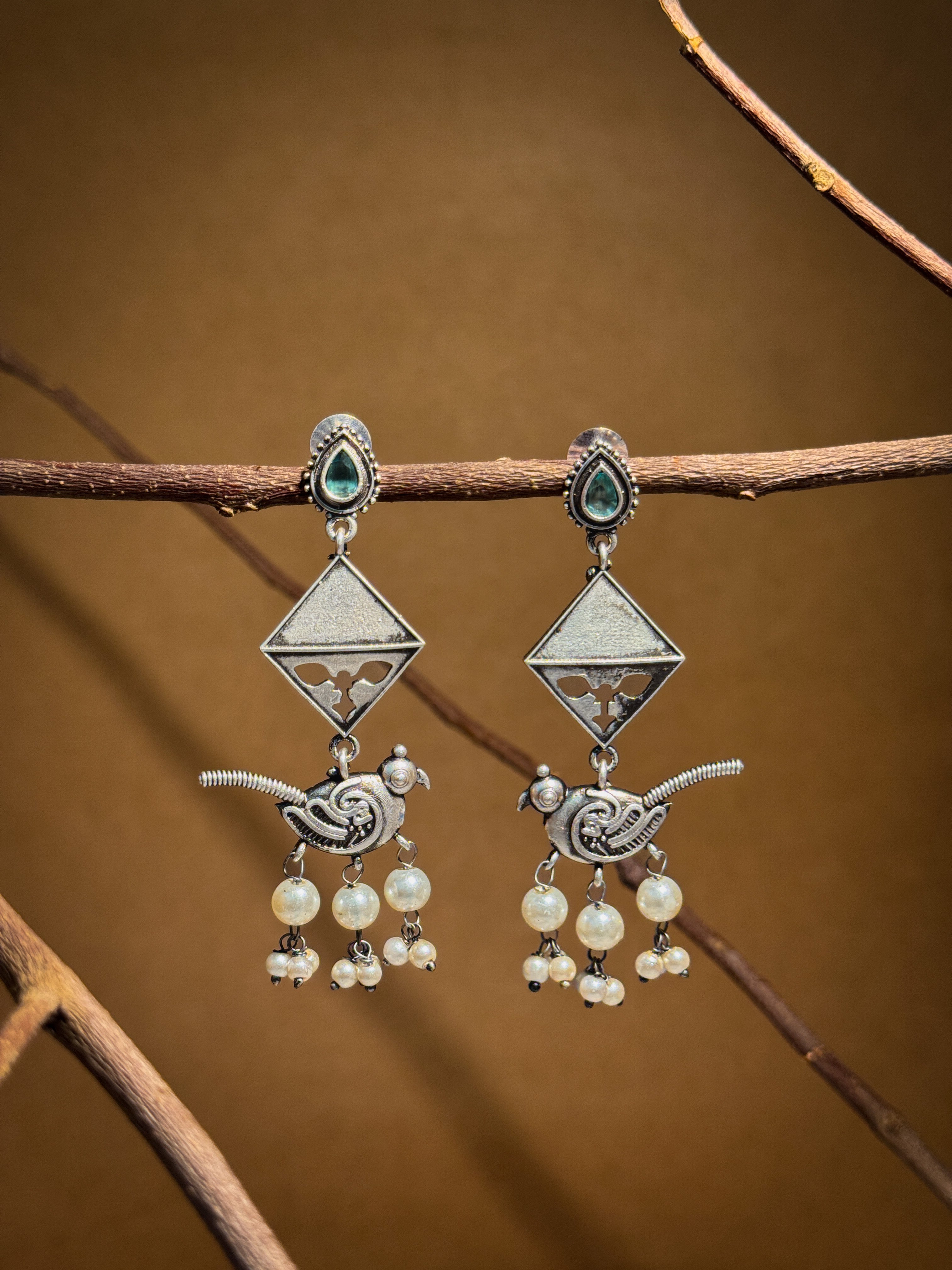 Parrot Charm Silver Lookalike Dangler Earrings
