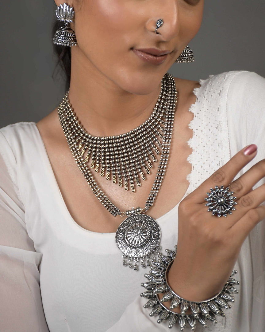 OXIDISED DOUBLE NECKLACE JEWELLERY SET COMBO