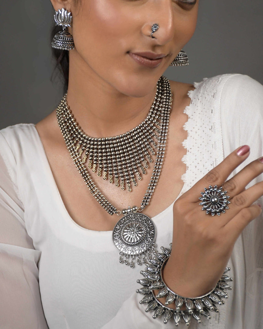 OXIDISED DOUBLE NECKLACE JEWELLERY SET COMBO