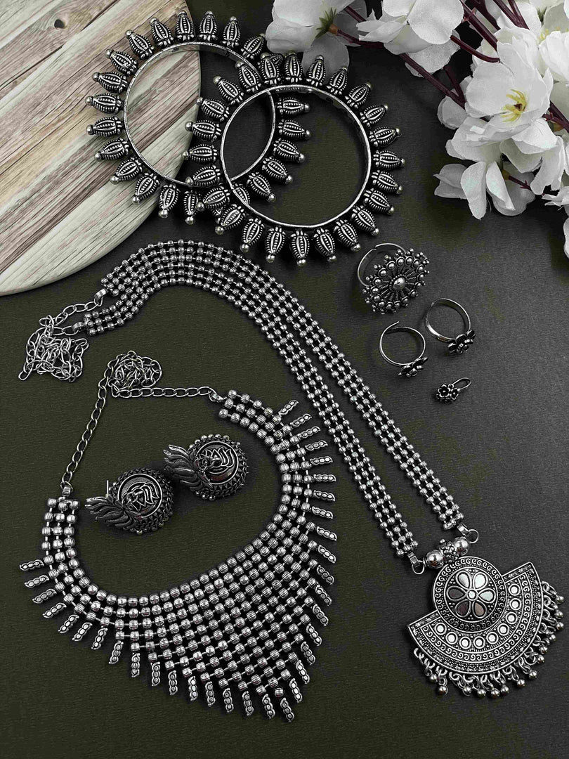 OXIDISED DOUBLE NECKLACE JEWELLERY SET COMBO