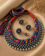 Load image into Gallery viewer, Traditional oxidised silver choker necklace set with multicolour thread design, matching earrings, ring, and nose pin for ethnic wear.