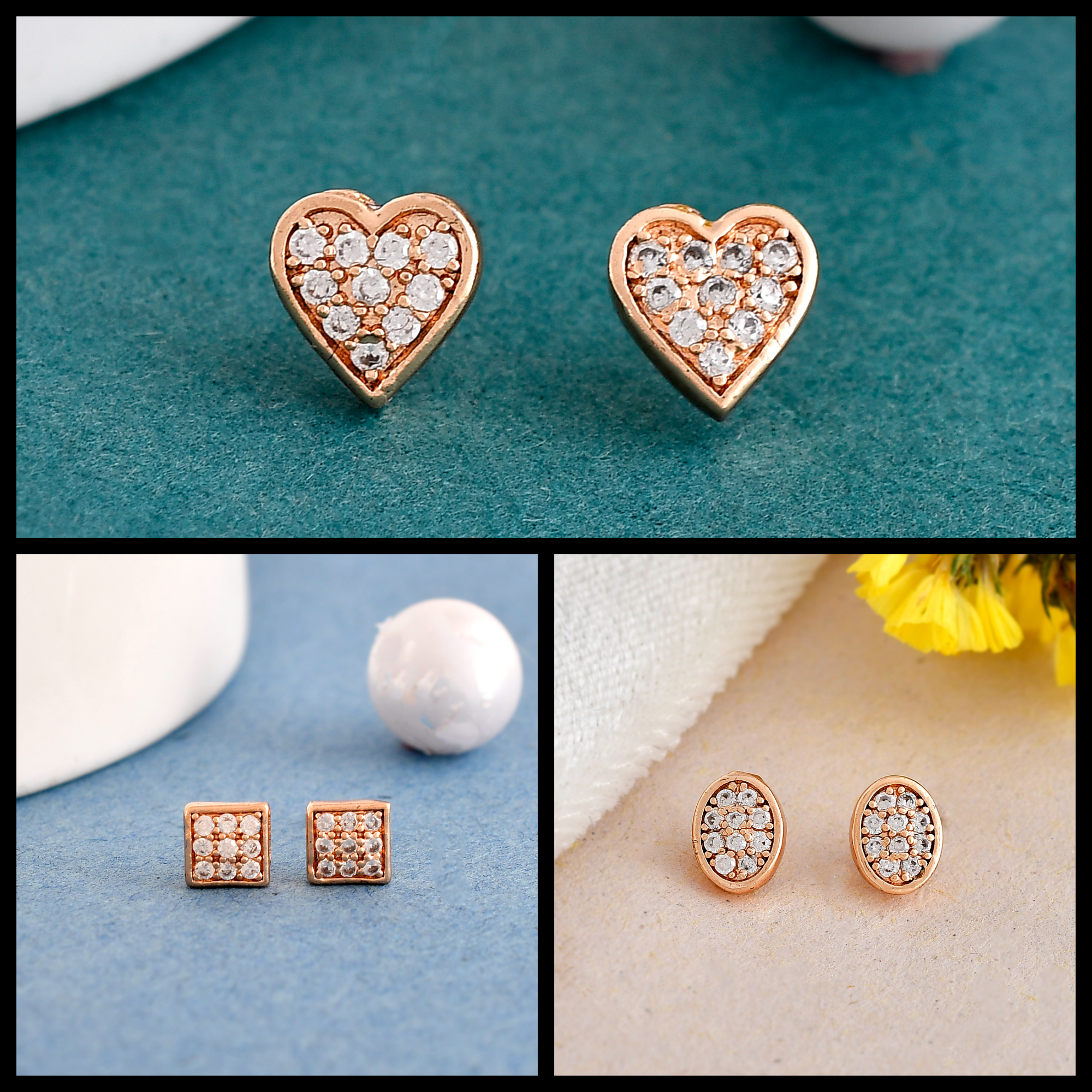 NEHA ROSE GOLD STONE EARRINGS COMBO