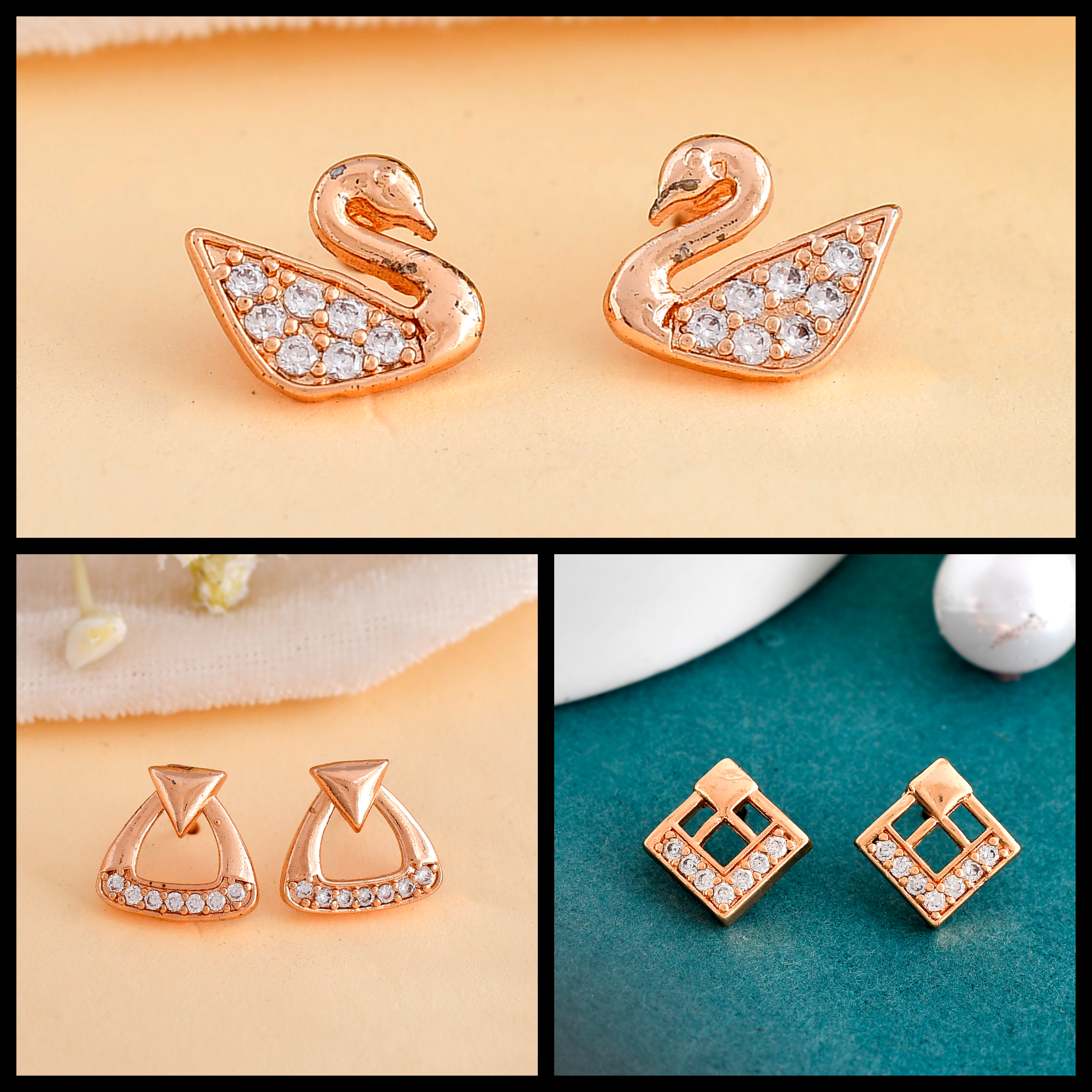 PIHU ROSE GOLD STONE EARRINGS COMBO