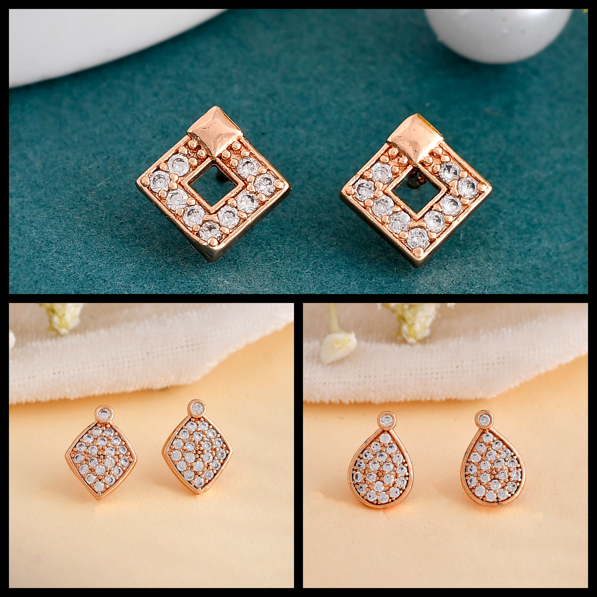 KOMAL ROSE GOLD STONE EARRINGS COMBO