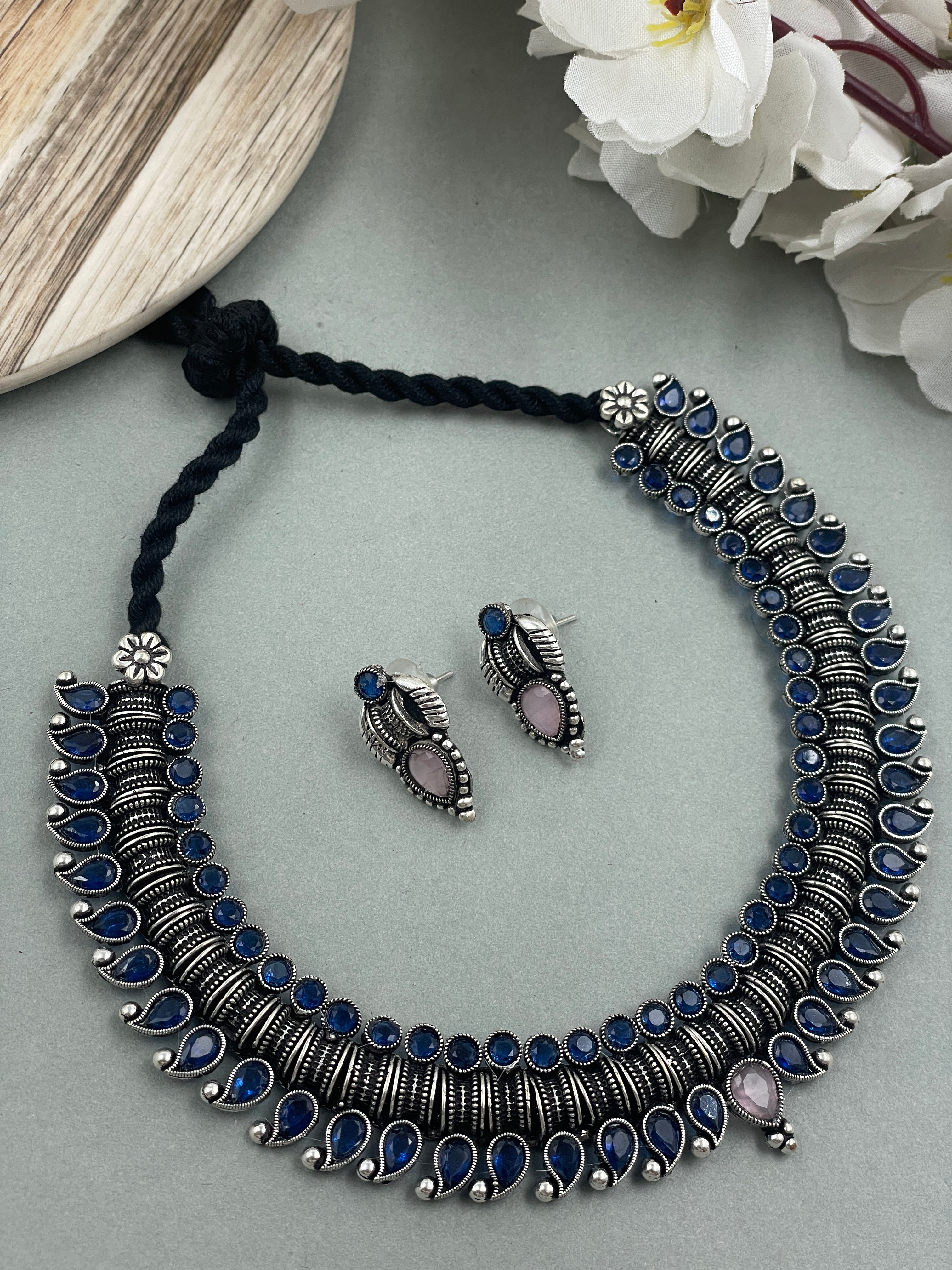 AAHANA OXIDISED SILVER STONE NECKLACE SET