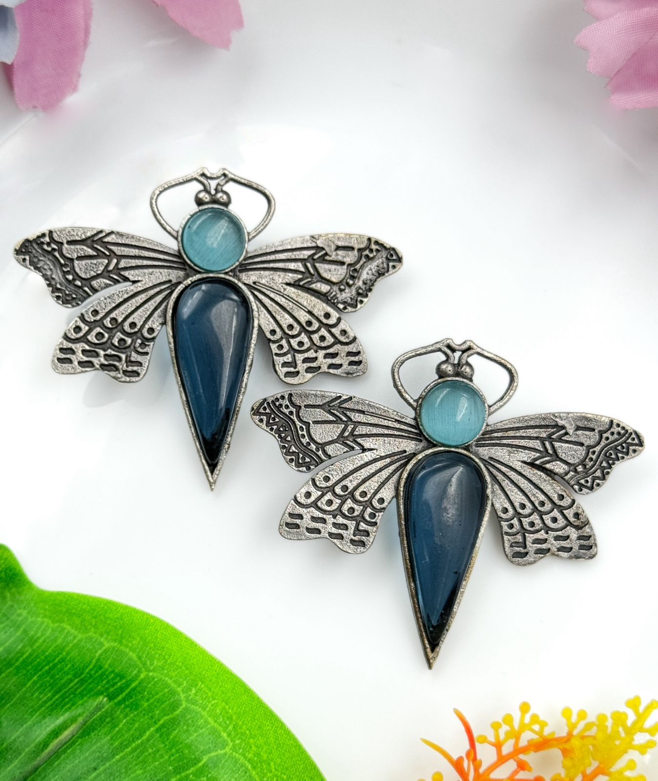 BUTTERFLY STONE STUDS SILVER EARRINGS