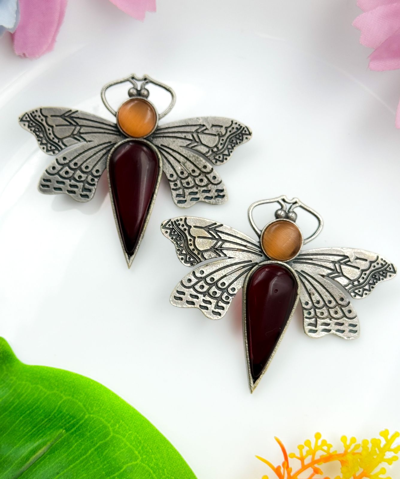 BUTTERFLY STONE STUDS SILVER EARRINGS