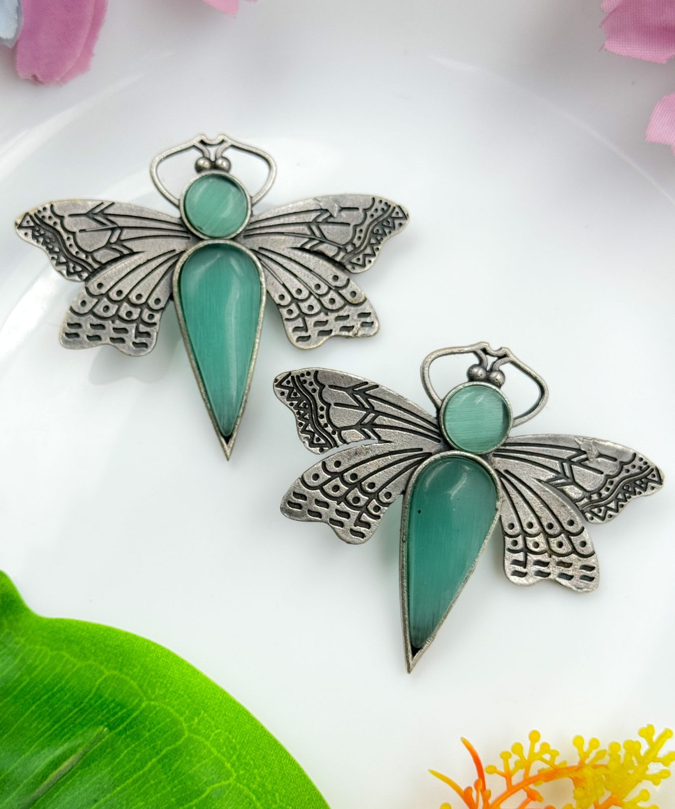 BUTTERFLY STONE STUDS SILVER EARRINGS