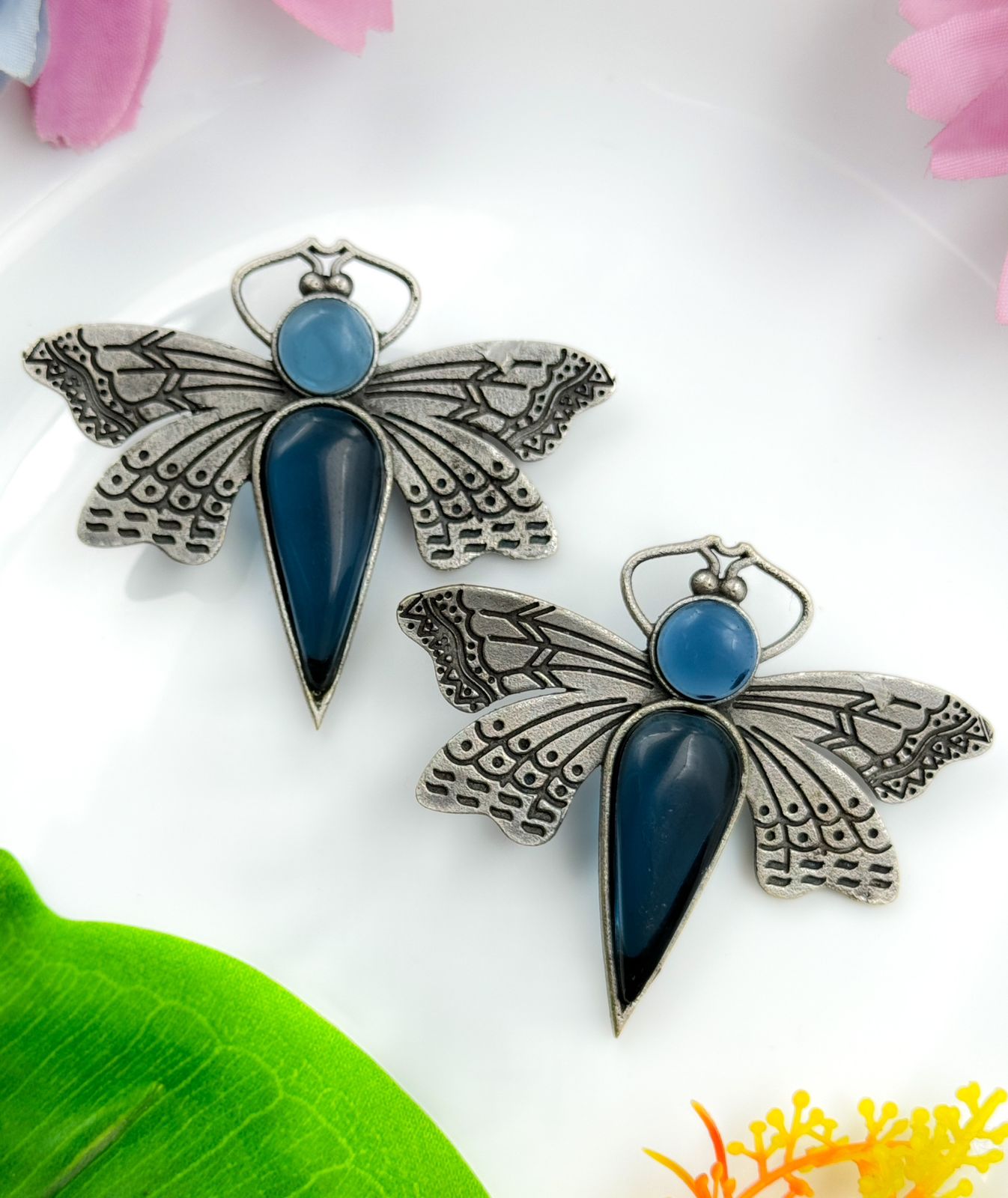 BUTTERFLY STONE STUDS SILVER EARRINGS