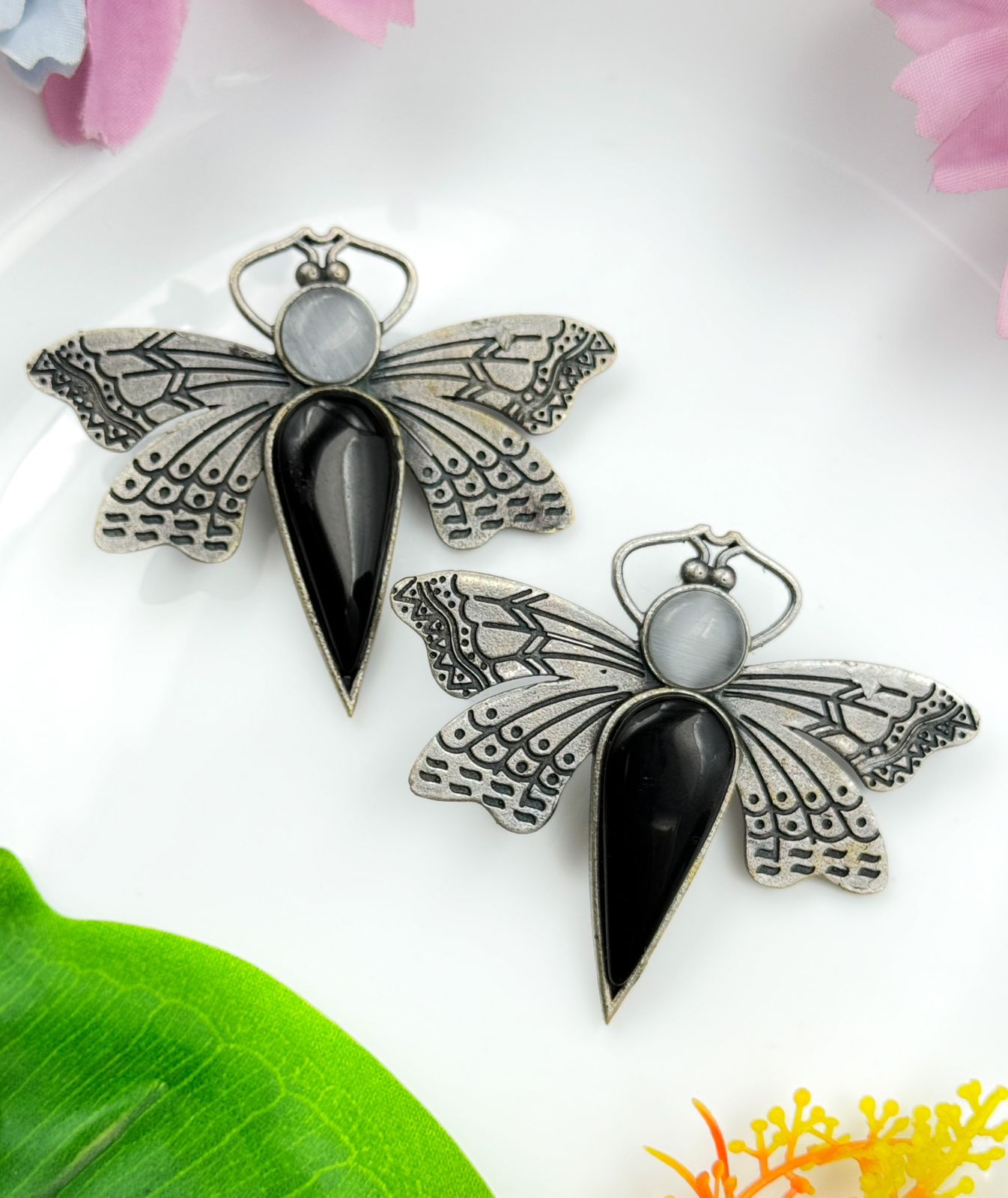 BUTTERFLY STONE STUDS SILVER EARRINGS