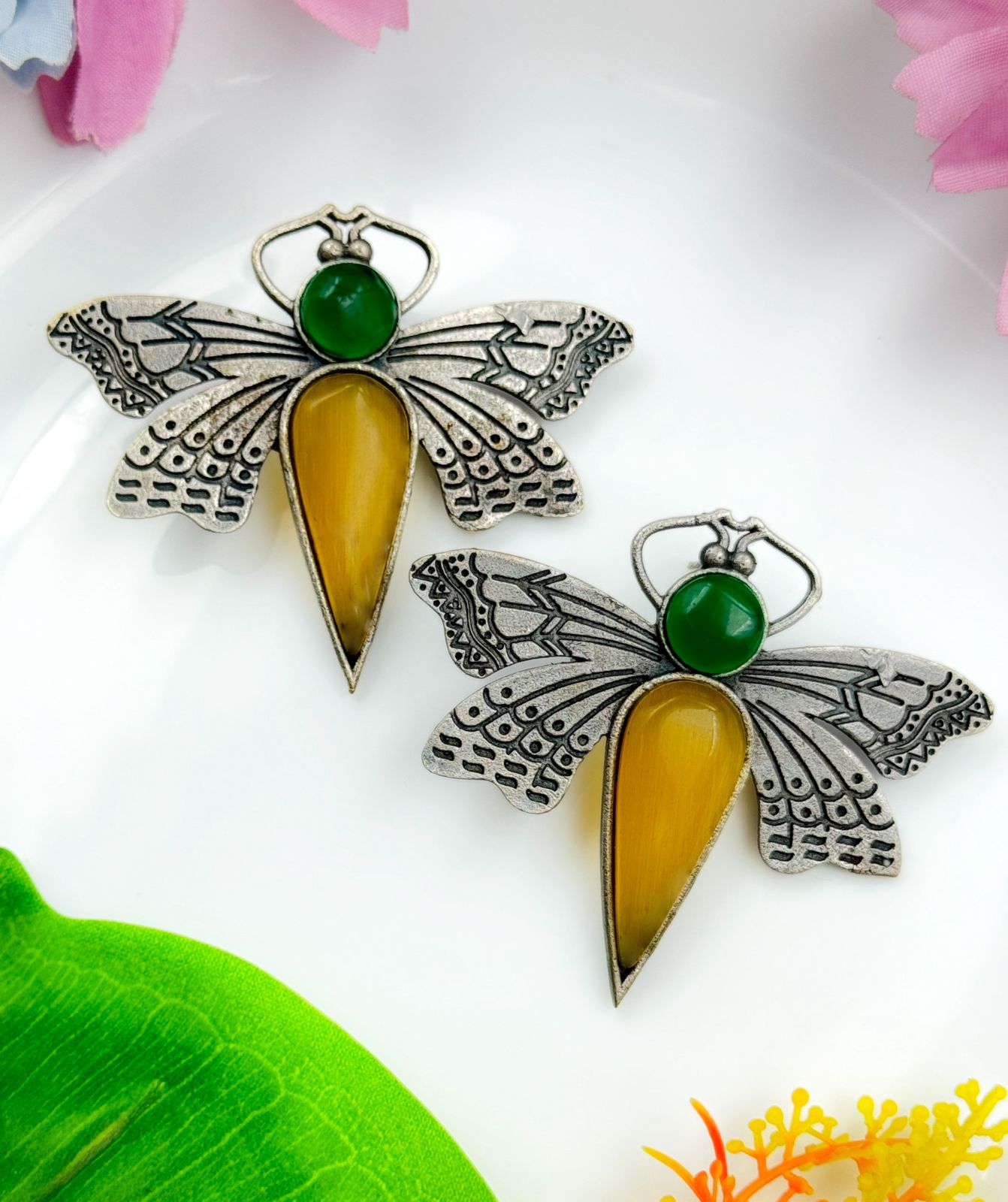 BUTTERFLY STONE STUDS SILVER EARRINGS