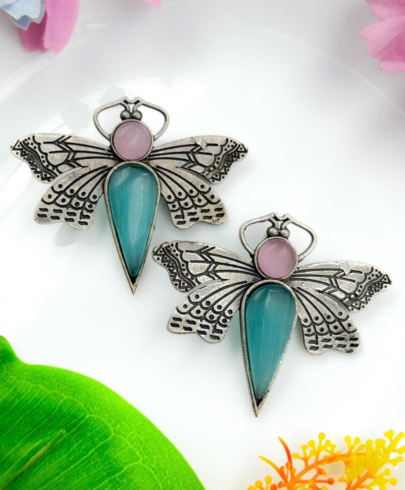 BUTTERFLY STONE STUDS SILVER EARRINGS