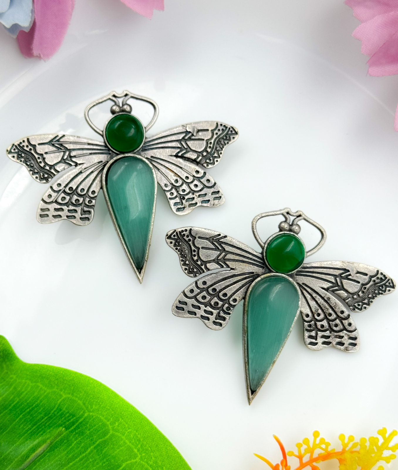 BUTTERFLY STONE STUDS SILVER EARRINGS