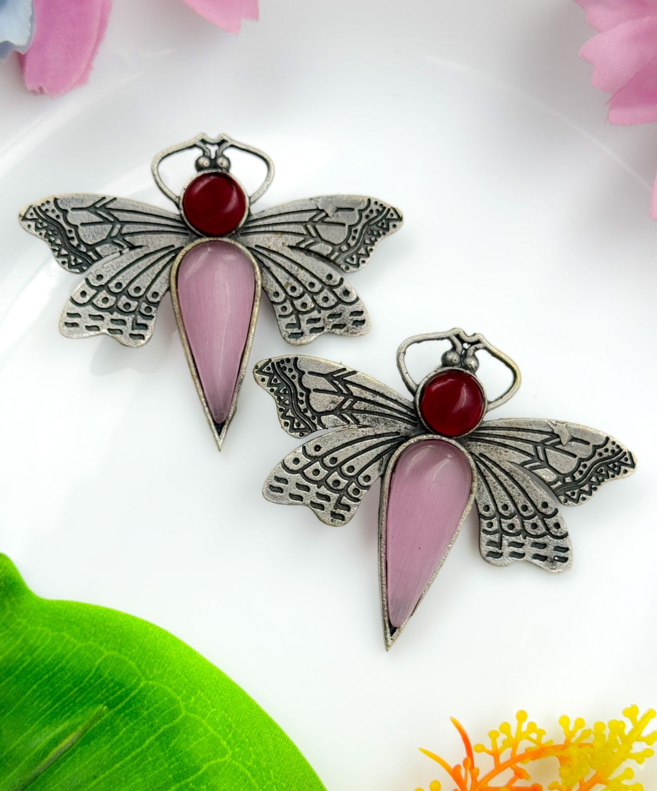 BUTTERFLY STONE STUDS SILVER EARRINGS