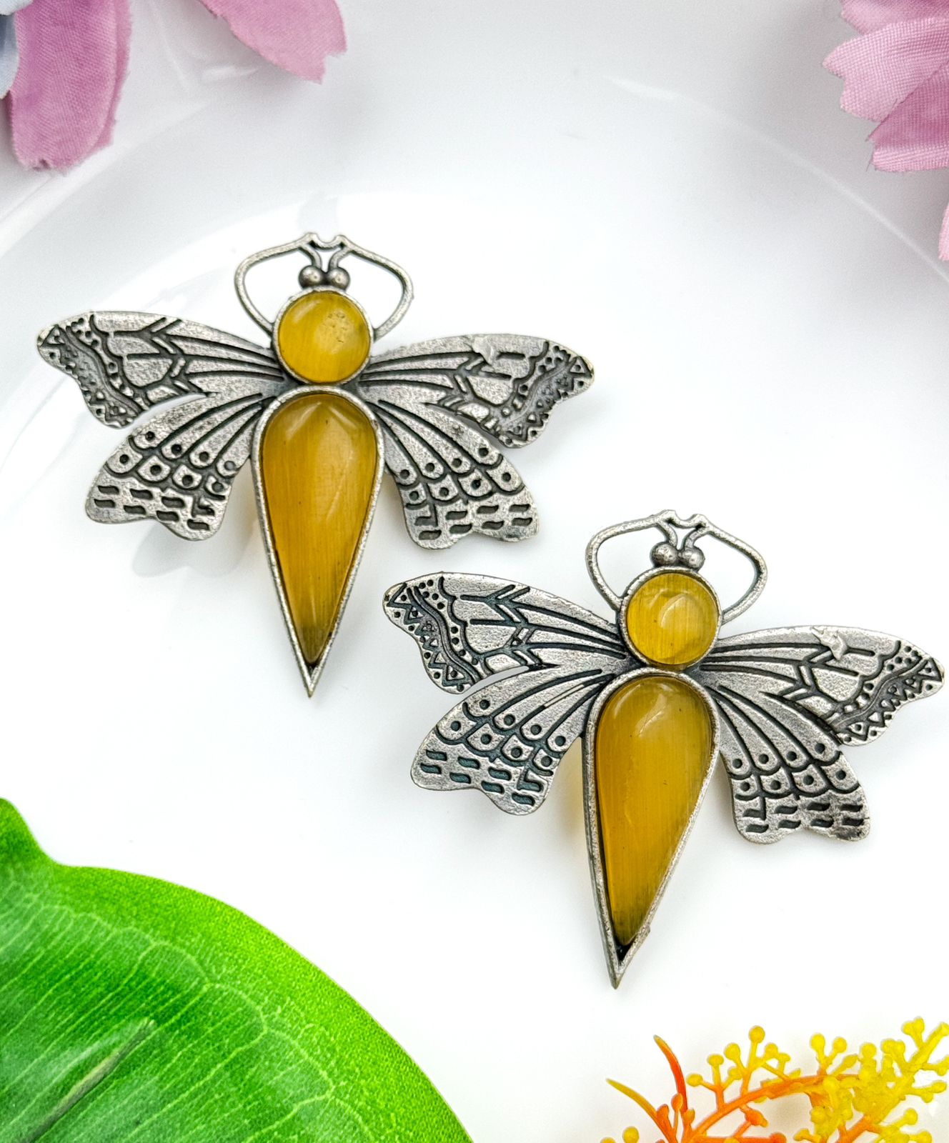 BUTTERFLY STONE STUDS SILVER EARRINGS