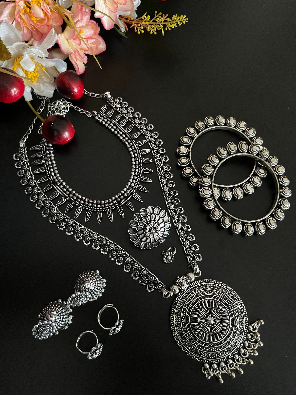 GHAZAL SILVER OXIDISED JEWELLERY SET COMBO