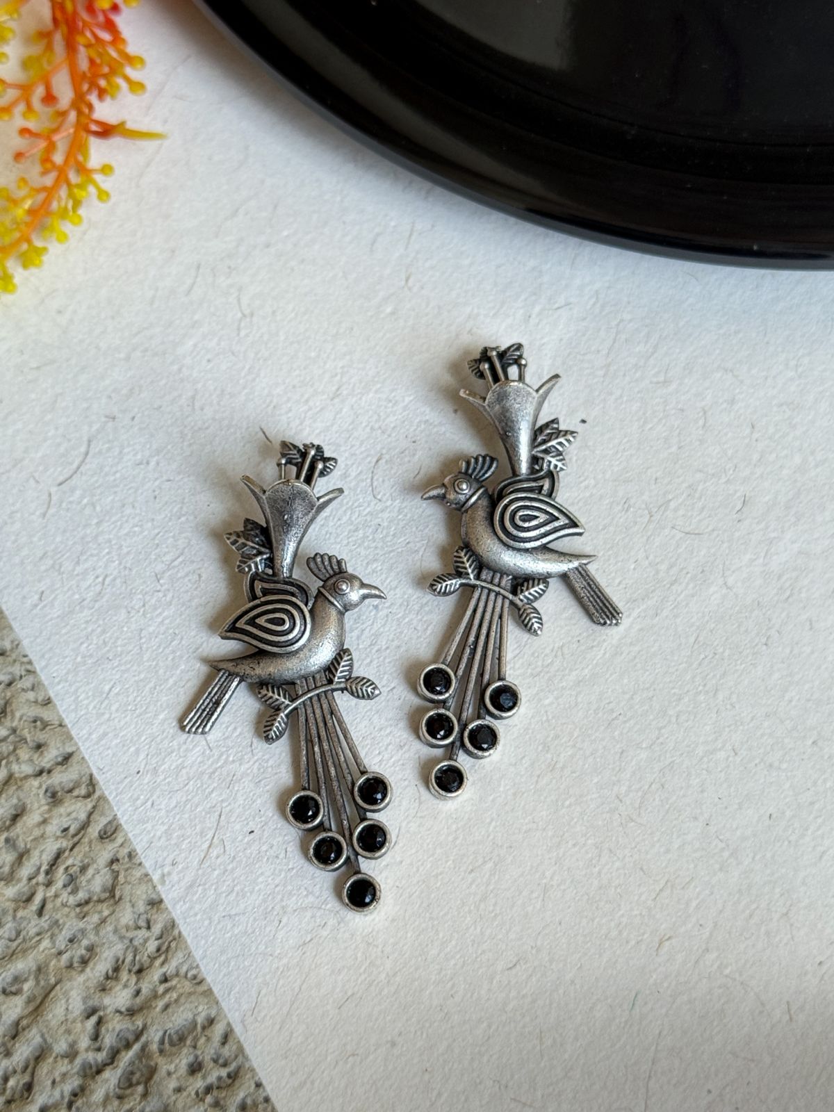 OXIDISED BIRD STONE STUDS EARRINGS