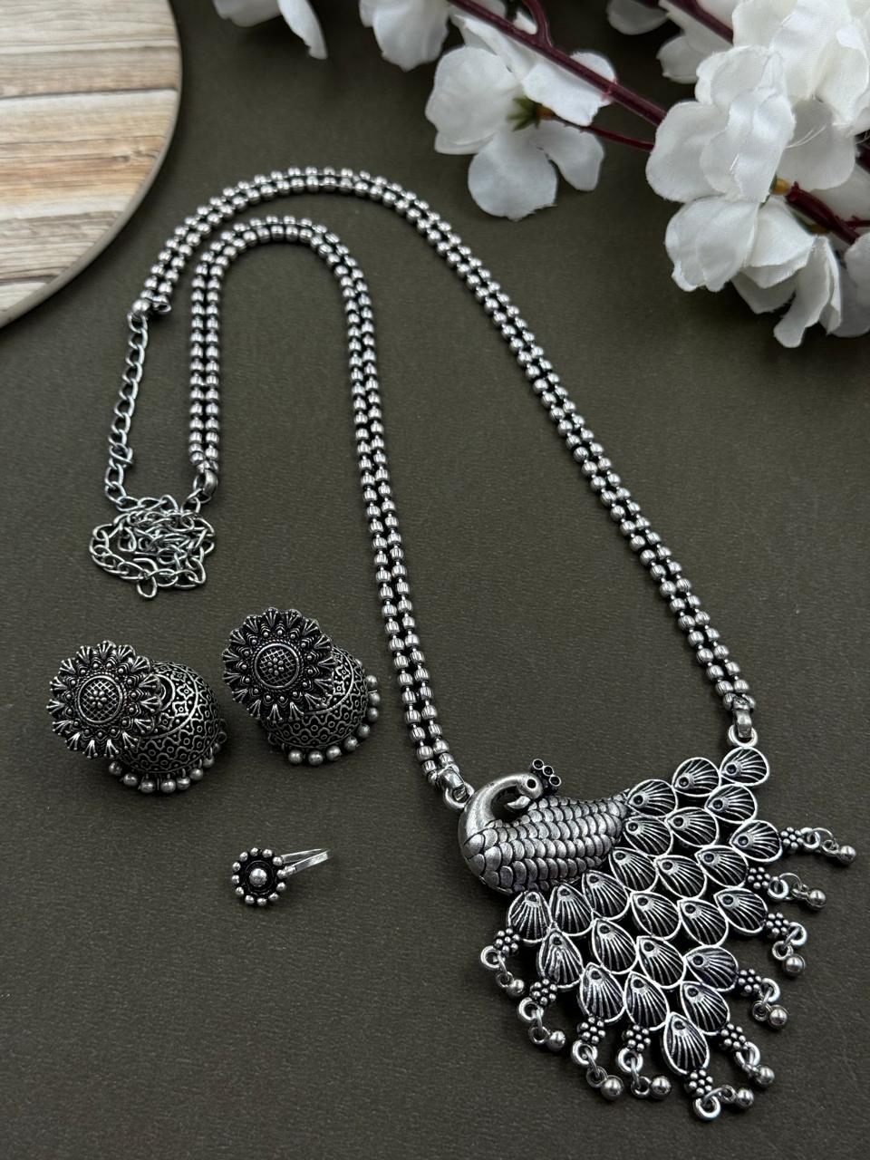 AYESHA 2 LINE OXIDISED NECKLACE WITH PENDANT JEWELLERY SET