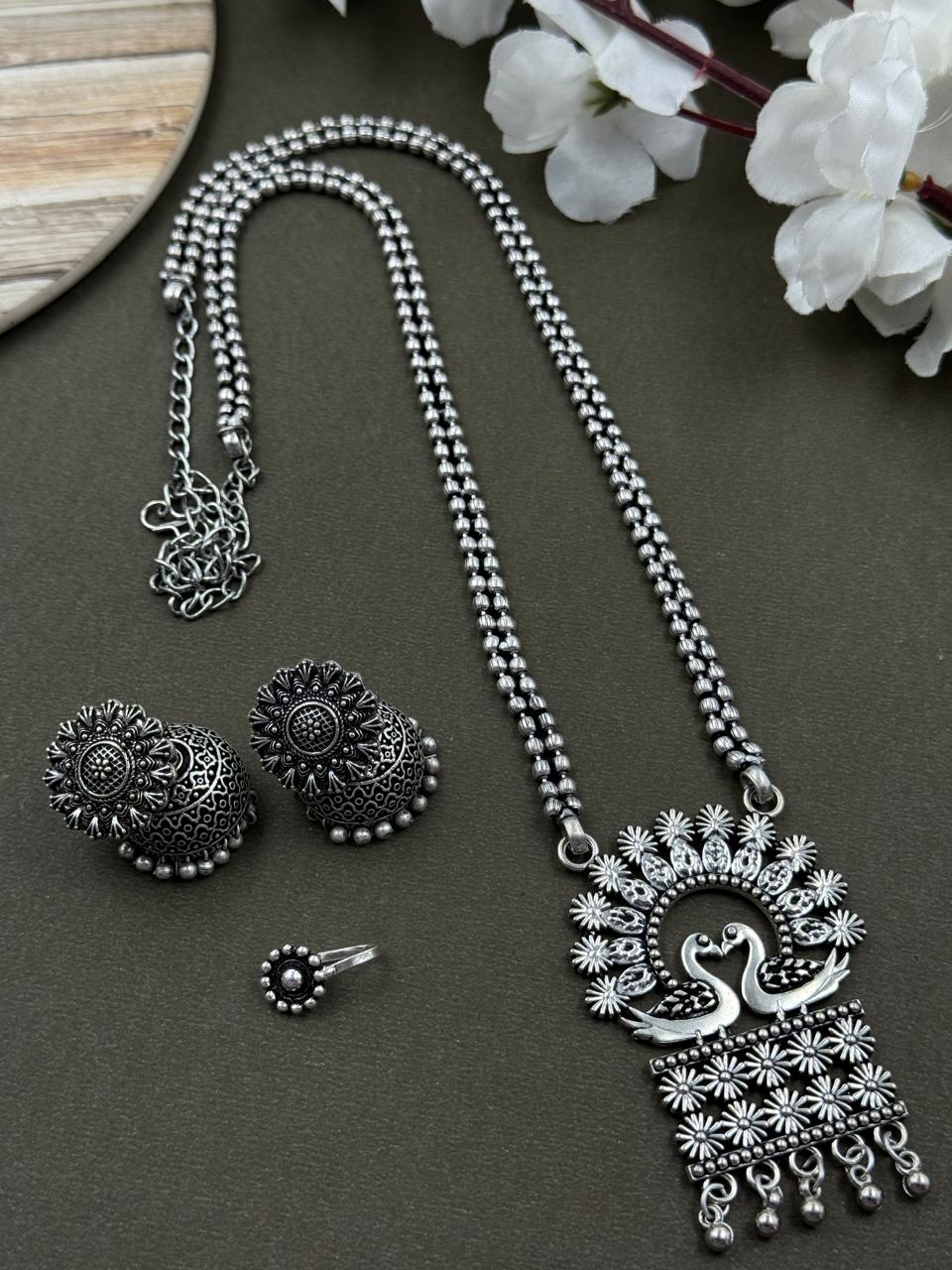 AYESHA 2 LINE OXIDISED NECKLACE WITH PENDANT JEWELLERY SET