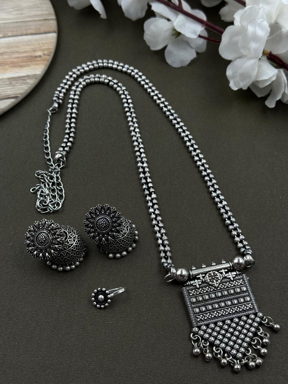 AYESHA 2 LINE OXIDISED NECKLACE WITH PENDANT JEWELLERY SET