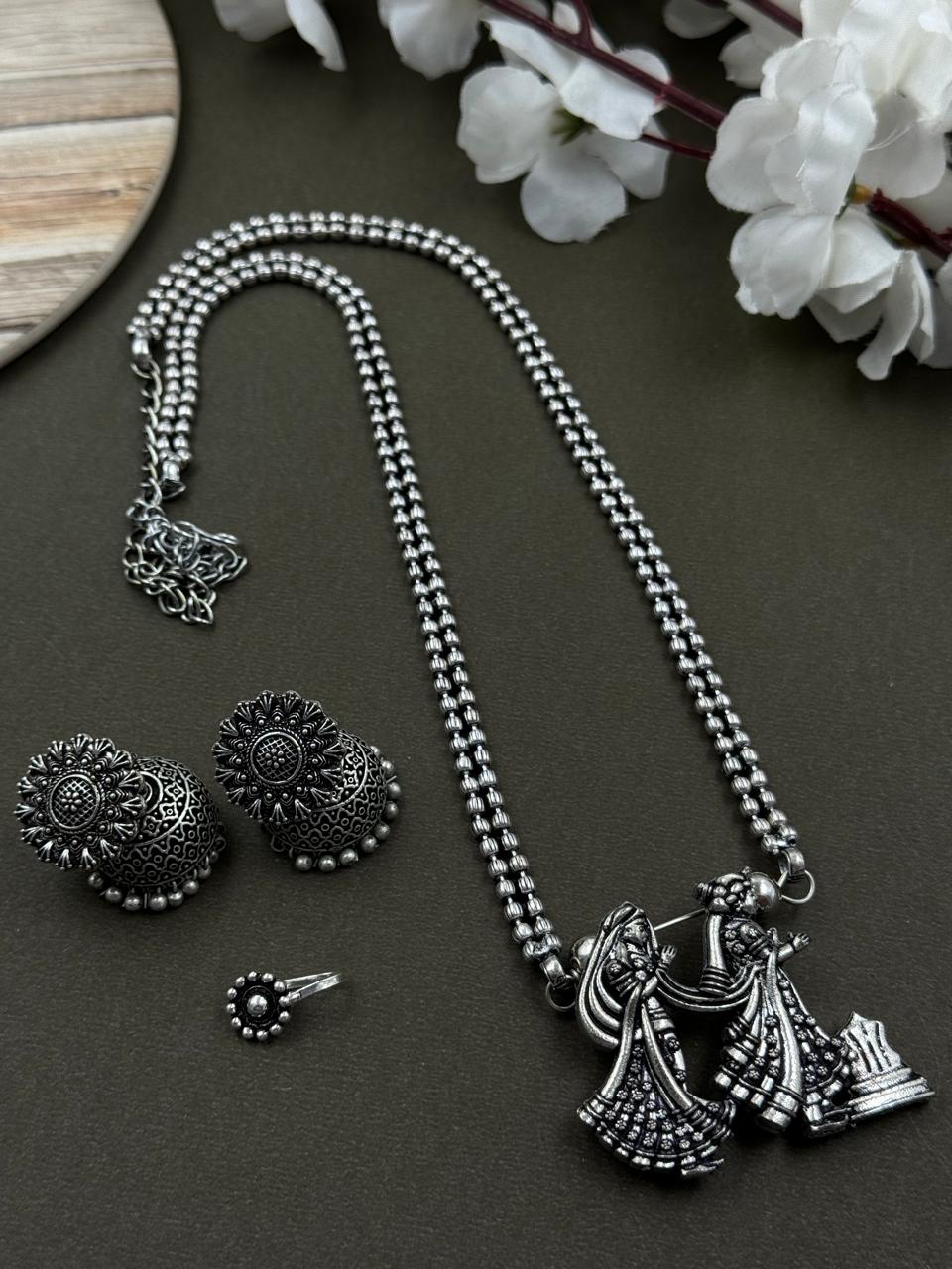 AYESHA 2 LINE OXIDISED NECKLACE WITH PENDANT JEWELLERY SET