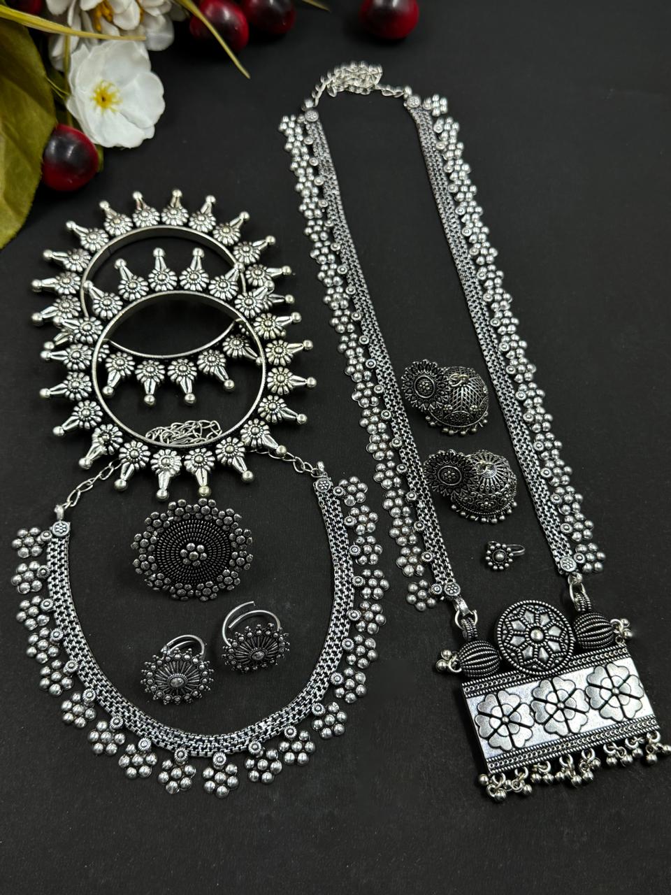 7 PIECE FLOWER OXIDISED JEWELLERY SET COMBO