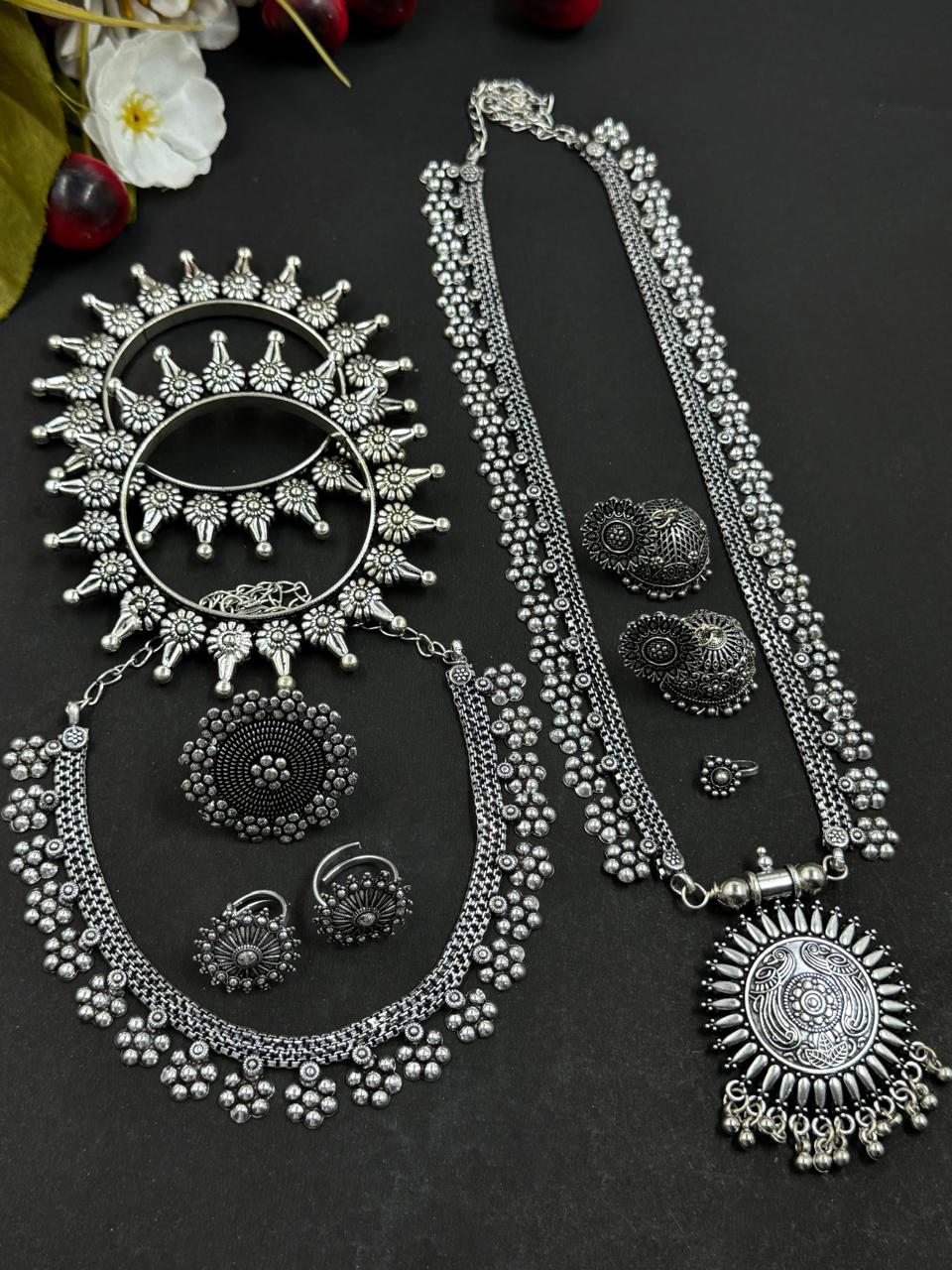 7 PIECE FLOWER OXIDISED JEWELLERY SET COMBO