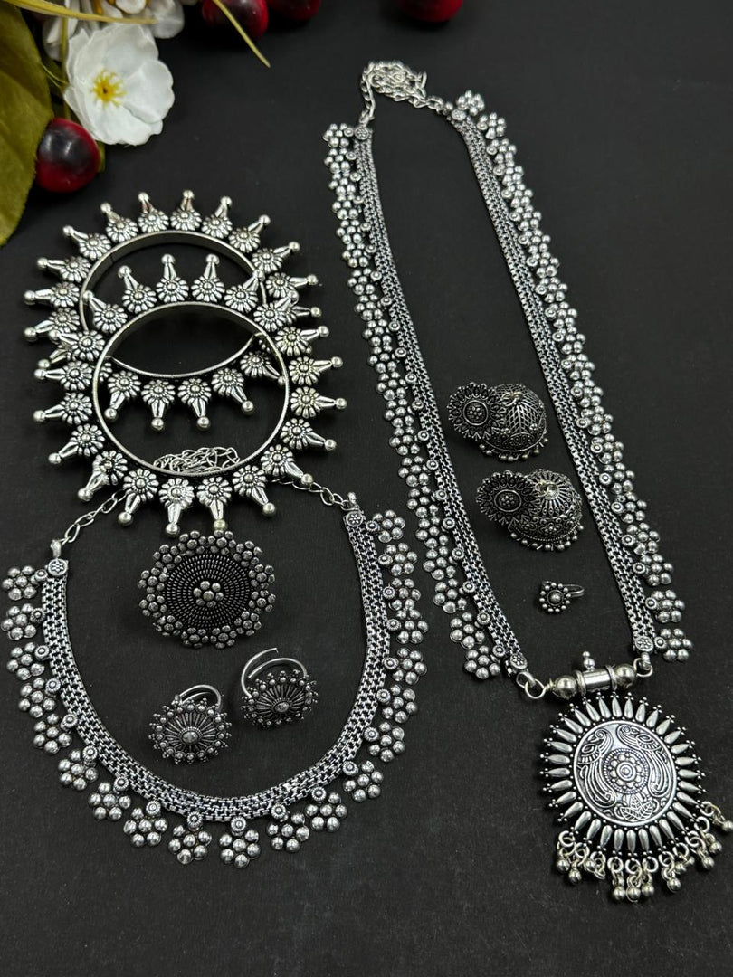 7 Piece Flower Oxidised Jewellery Set Combo