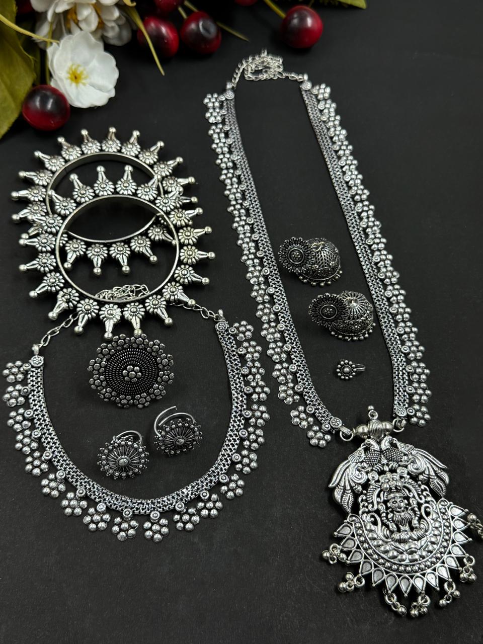 7 PIECE FLOWER OXIDISED JEWELLERY SET COMBO