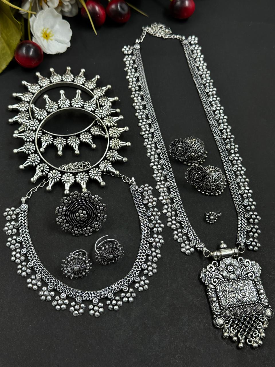 7 PIECE FLOWER OXIDISED JEWELLERY SET COMBO