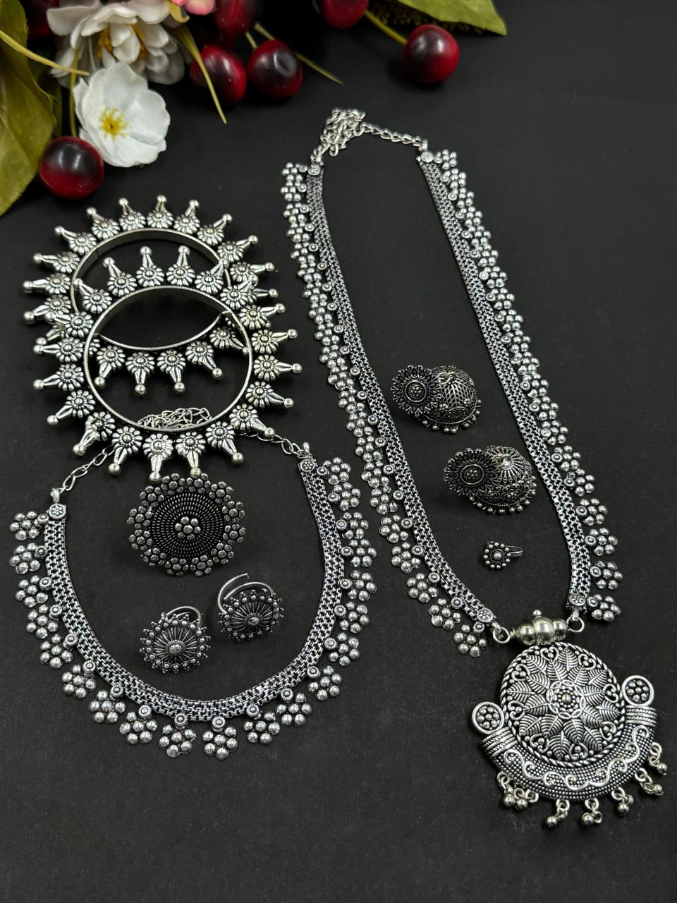 7 PIECE FLOWER OXIDISED JEWELLERY SET COMBO