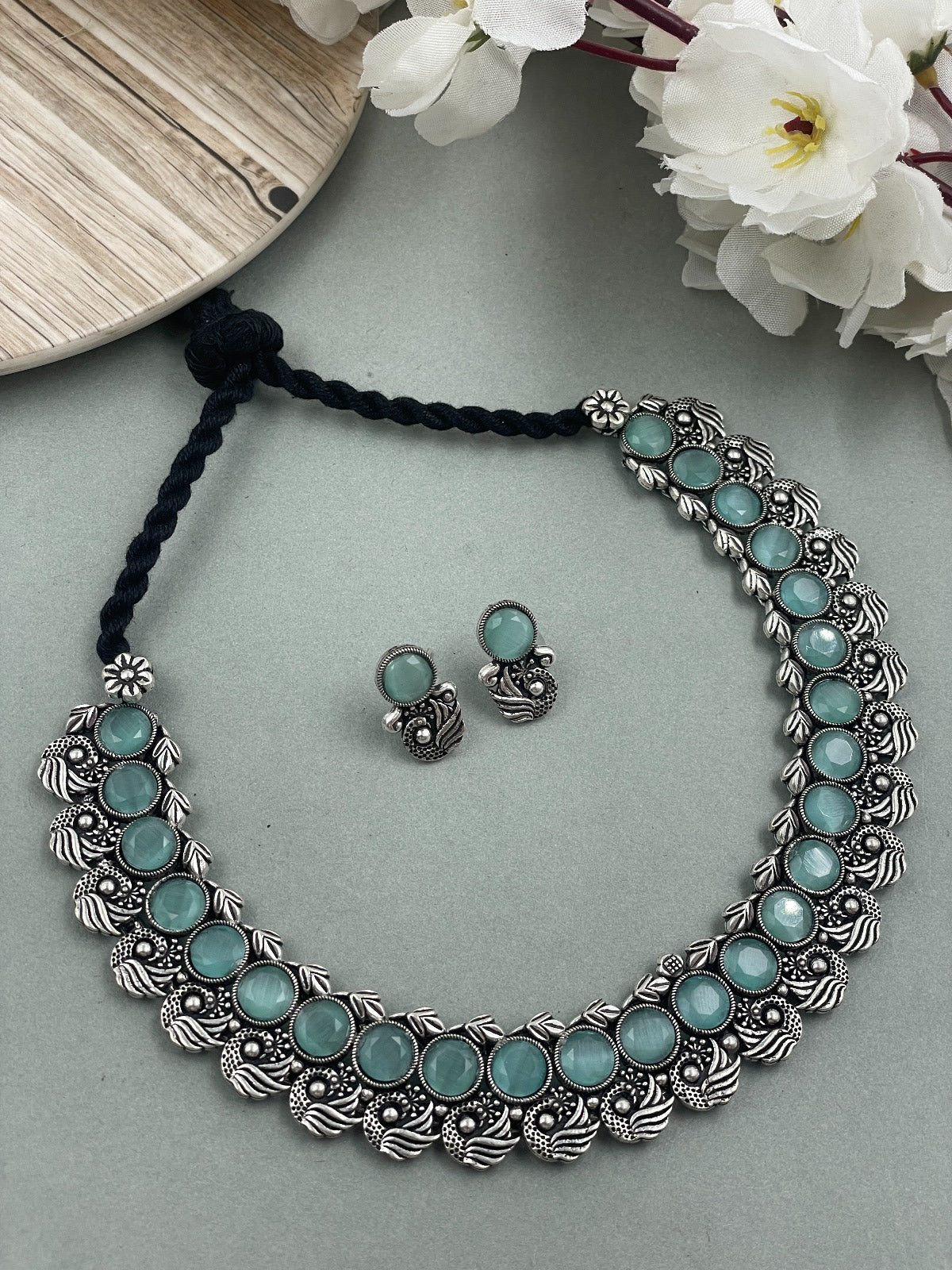 MIRA SILVER OXIDISED STONE NECKLACE SET