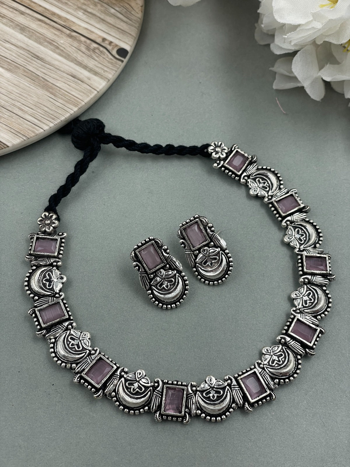 AMULYA OXIDISED SILVER STONE NECKLACE SET