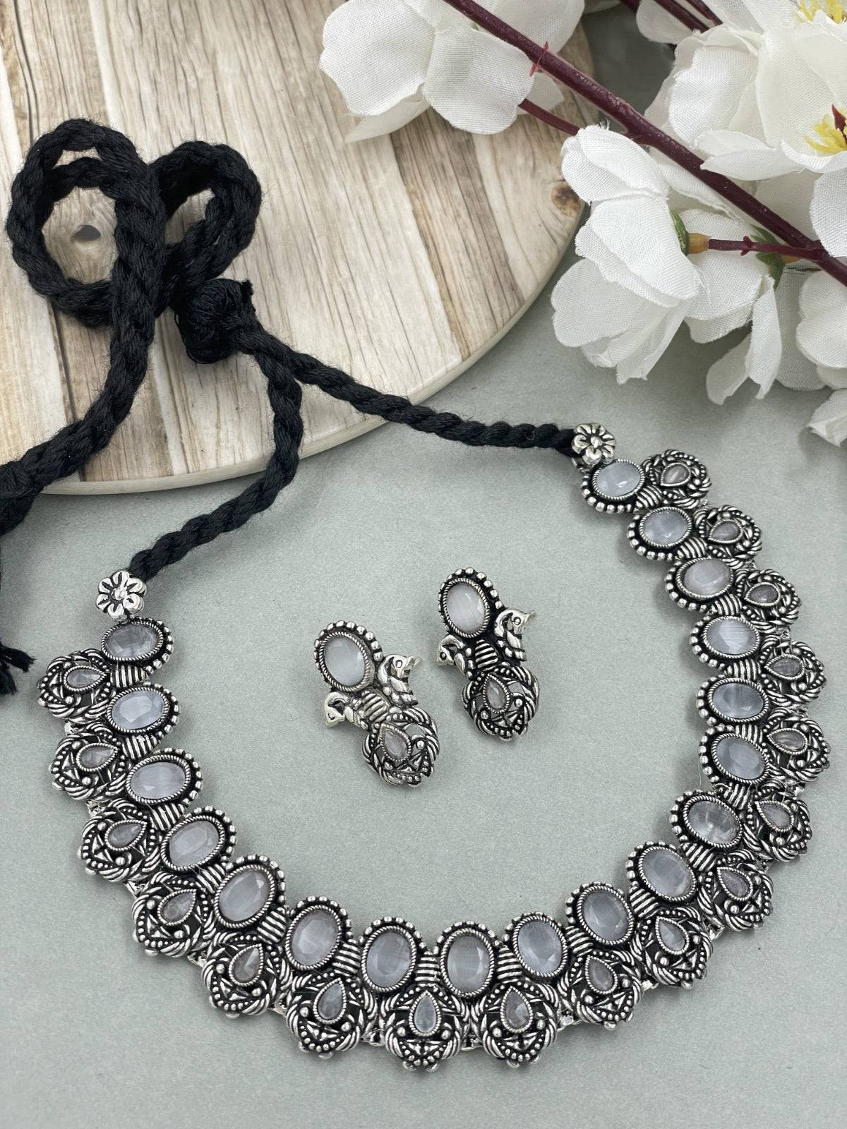 CHAHNA OXIDISED SILVER STONE NECKLACE SET