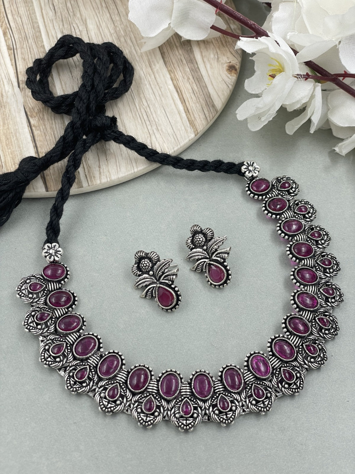 CHAHNA OXIDISED SILVER STONE NECKLACE SET