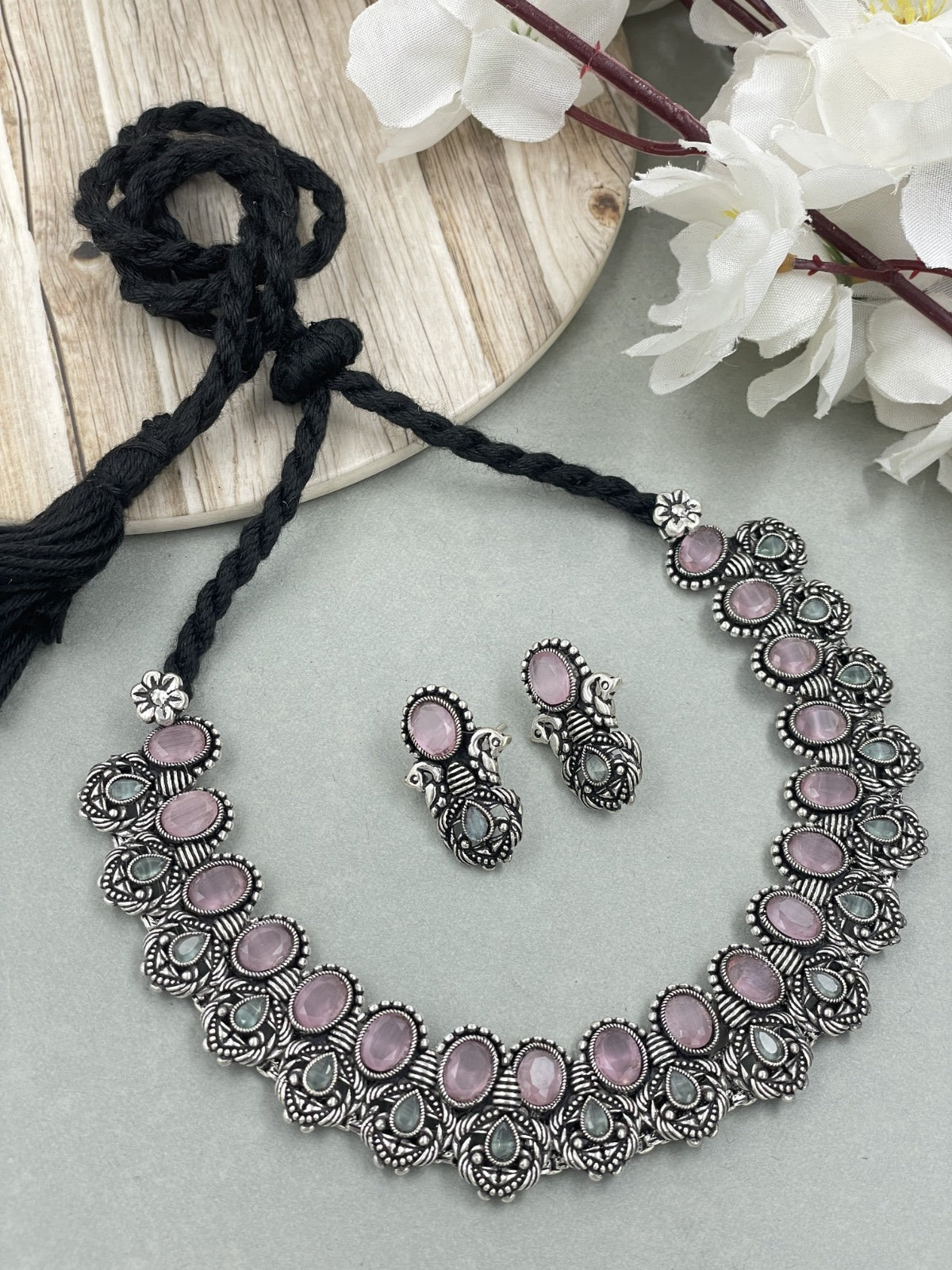 CHAHNA OXIDISED SILVER STONE NECKLACE SET