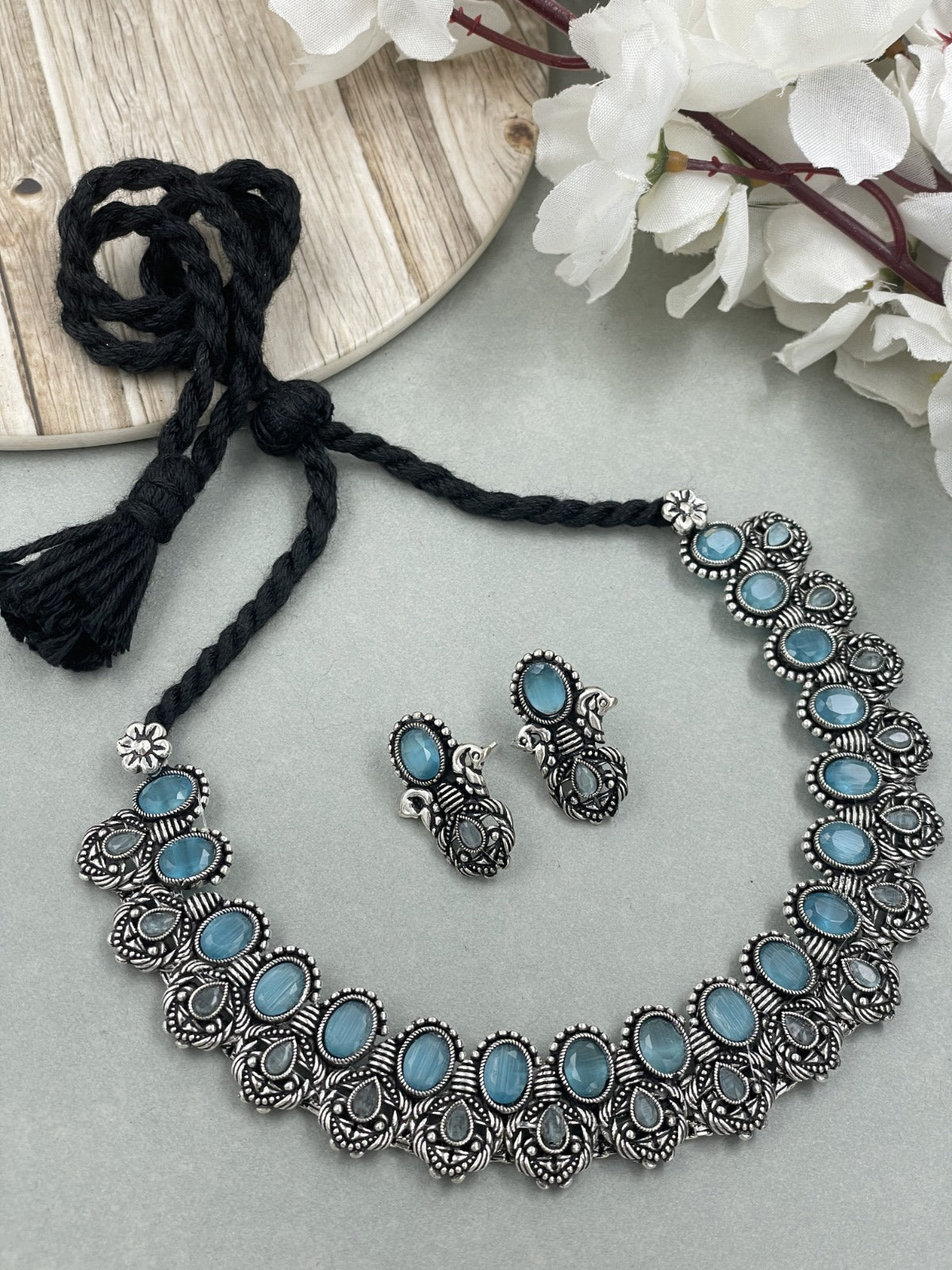 CHAHNA OXIDISED SILVER STONE NECKLACE SET