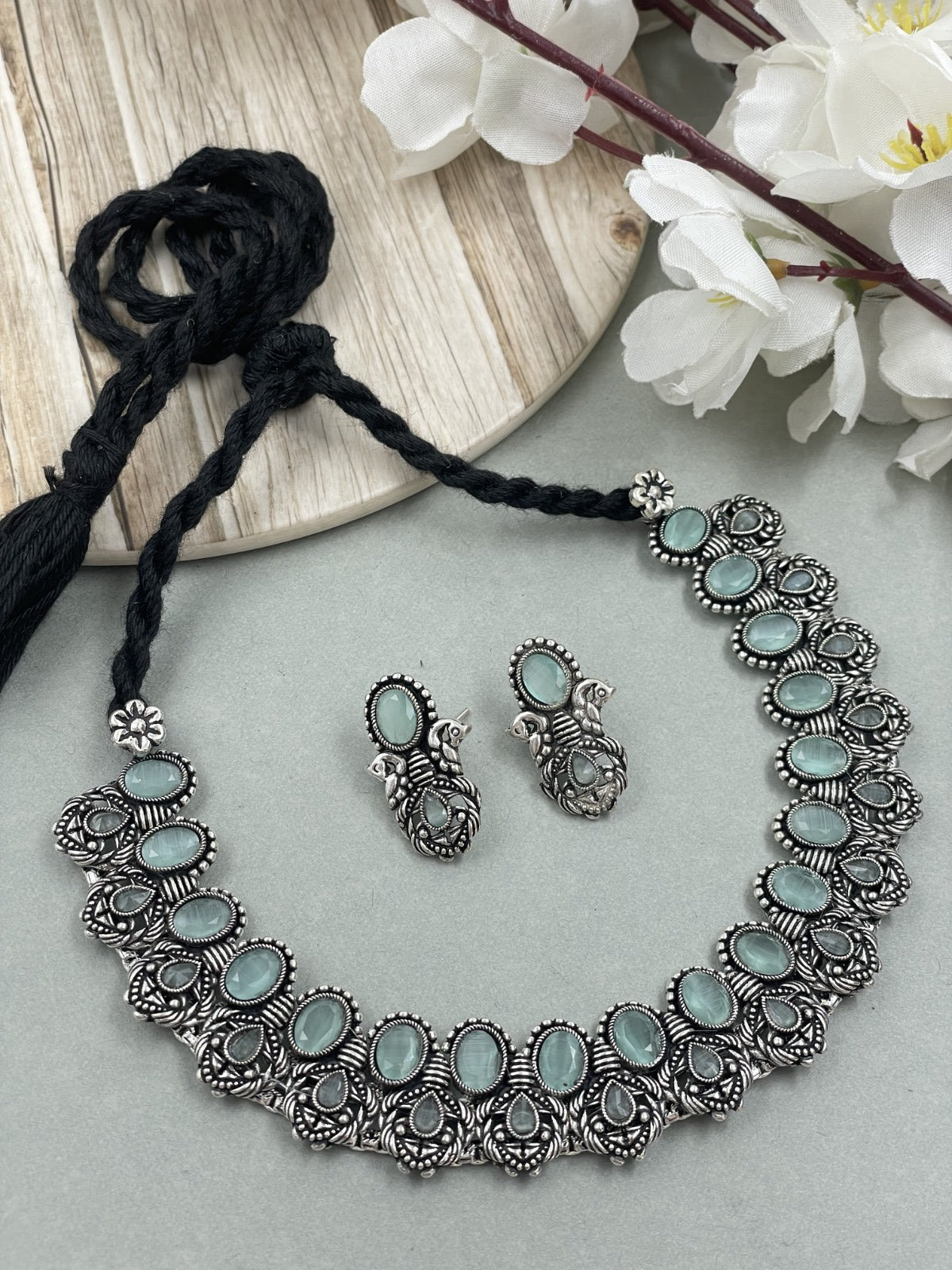 CHAHNA OXIDISED SILVER STONE NECKLACE SET