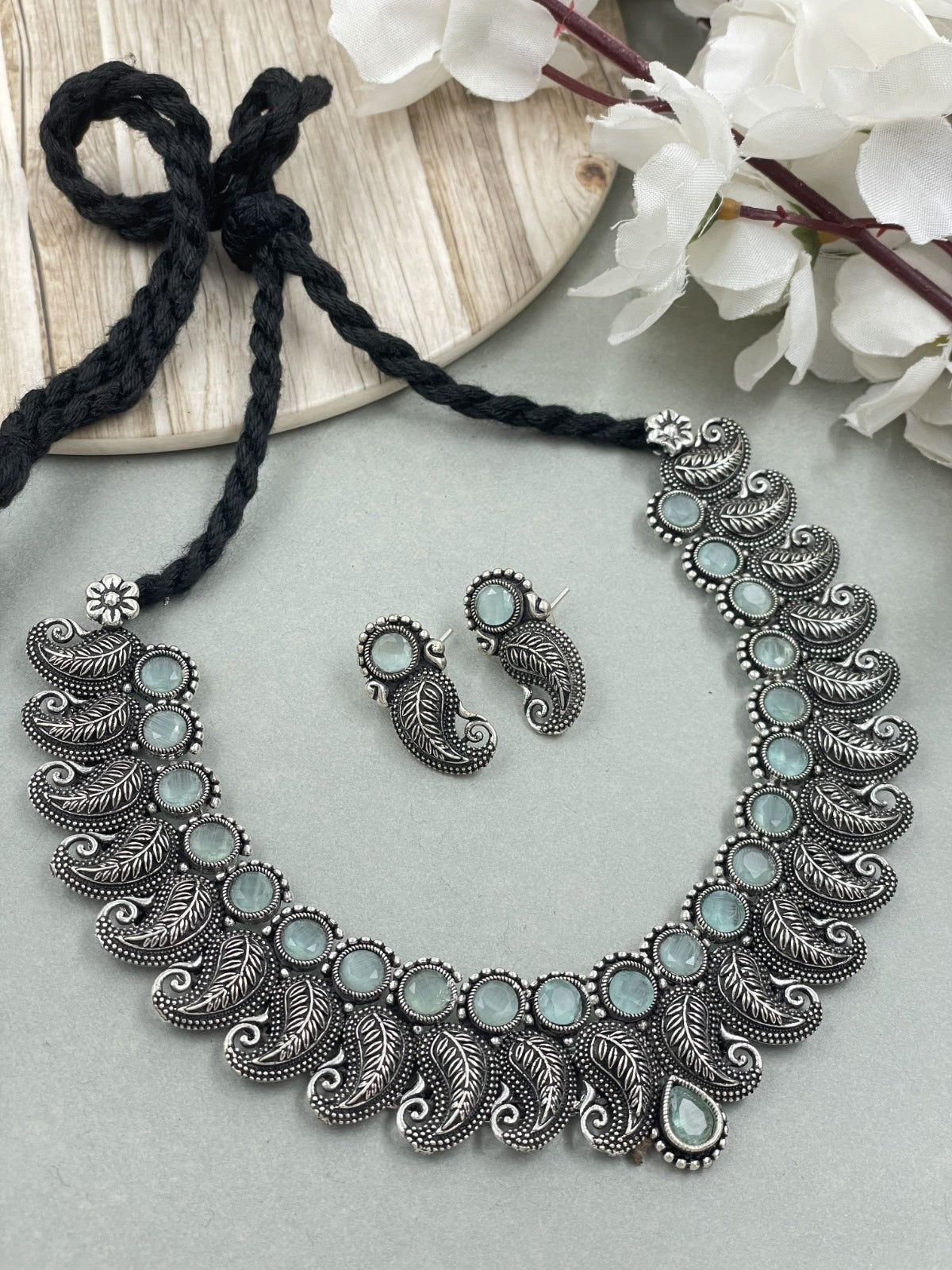 KAVYA OXIDISED SILVER STONE NECKLACE SET