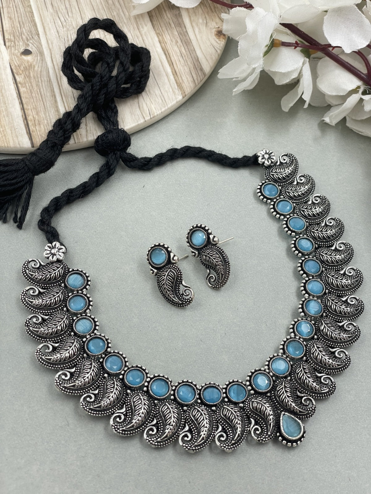 KAVYA OXIDISED SILVER STONE NECKLACE SET