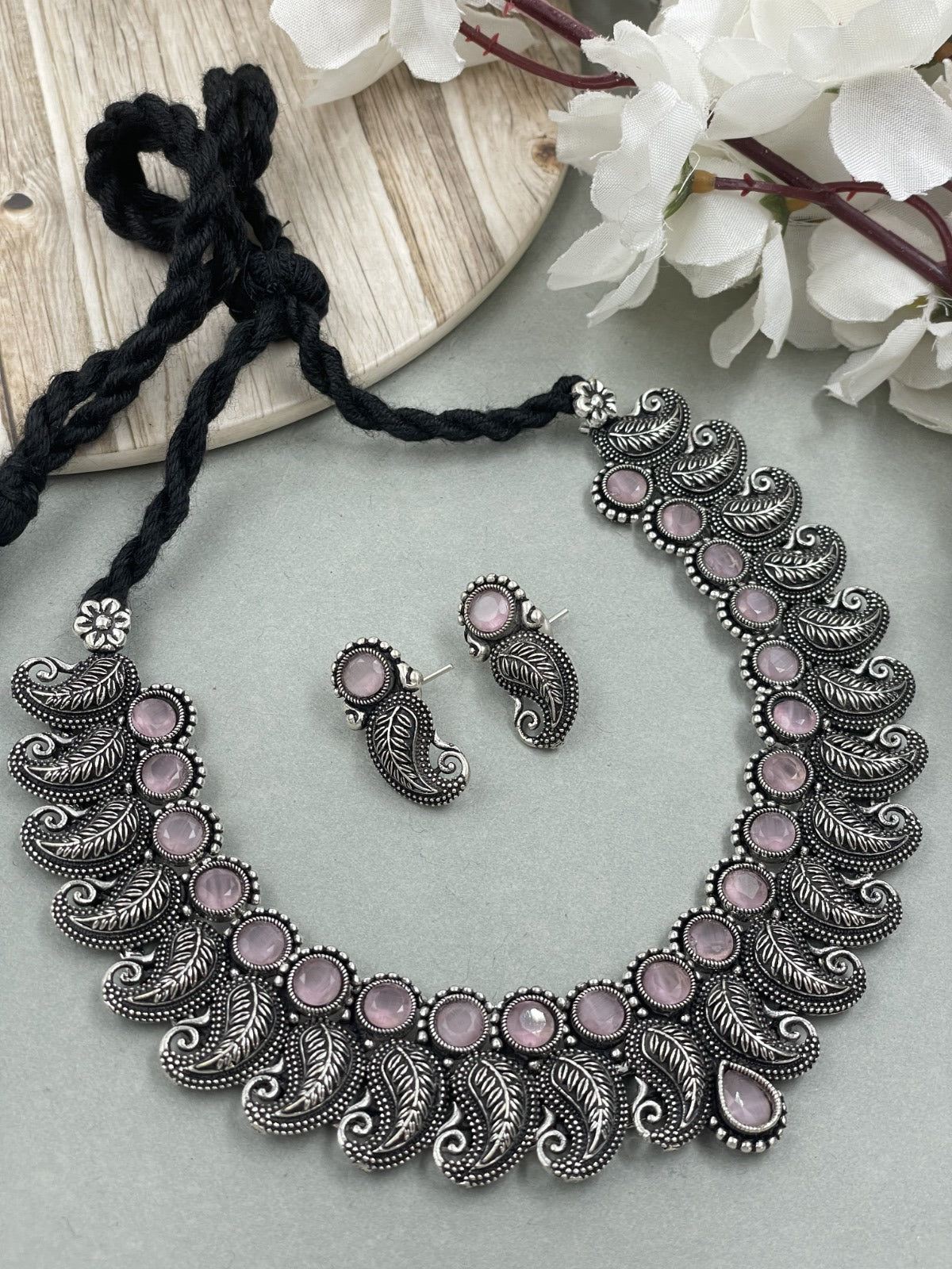 KAVYA OXIDISED SILVER STONE NECKLACE SET